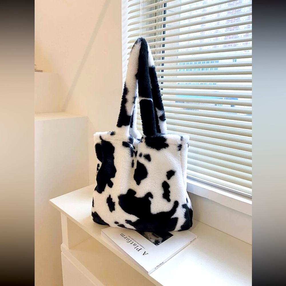 Cow Print Fluffy Shoulder Tote Bag